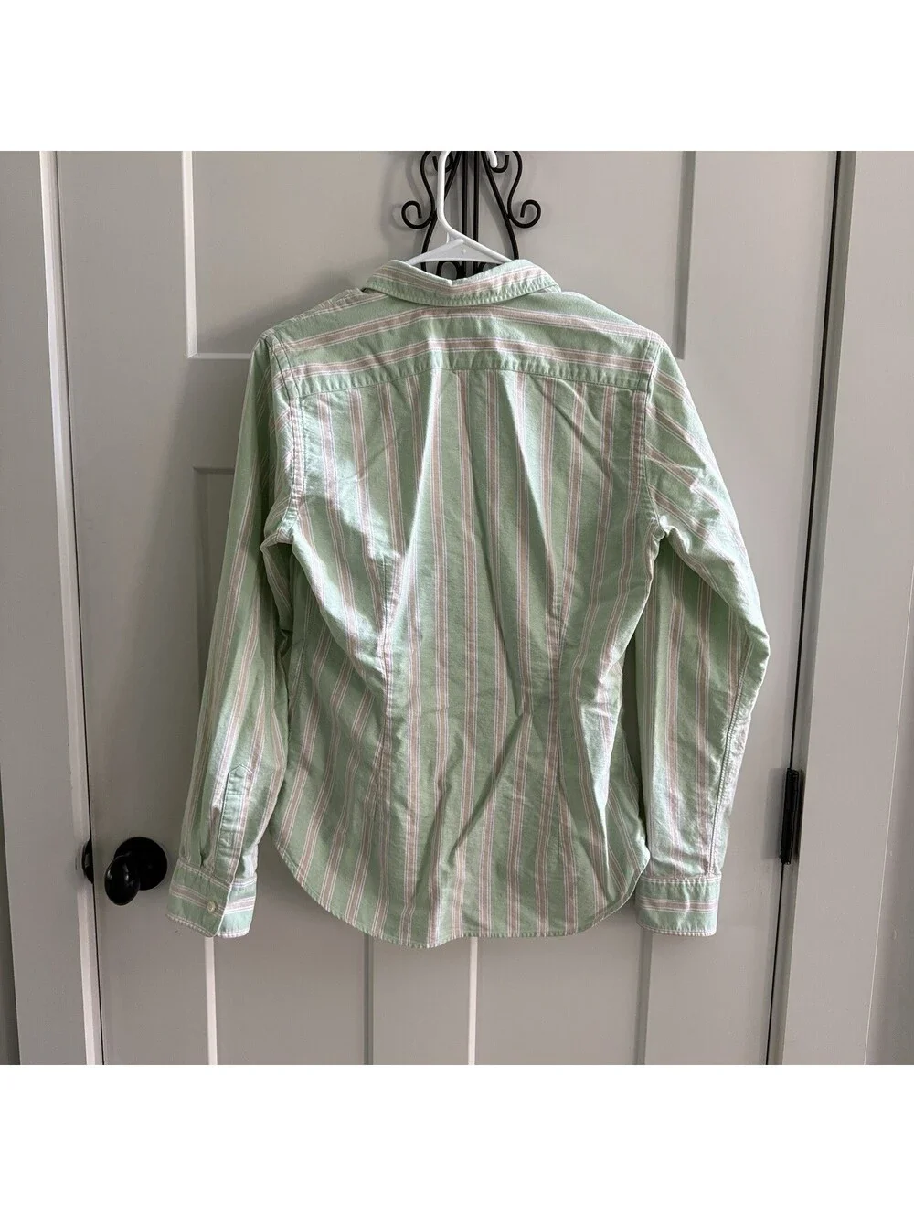 Ralph Lauren Womens 12 Slim Fit Green Striped Oxford Shirt Pony Button Down